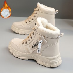 Women's Platform High Top Sneakers, Casual Lace Up Plush Lined Shoes, Comfortable Winter Outdoor Shoes