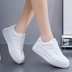 Women's Solid Color Casual Sneakers, Lace Up Comfy Platform White Shoes, Lightweight Low-top Sporty Trainers