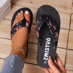 Women's Floral Pattern Flip Flops, Slip On Comfy Platform Soft Sole Slides, Vacation Summer Beach Slides