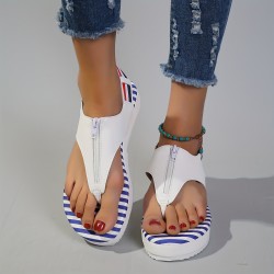 Women's Striped Flat Thong Sandals, Fashion Open Toe Front Zipper Slingback Anti-skid Shoes, Casual Outdoor Beach Shoes