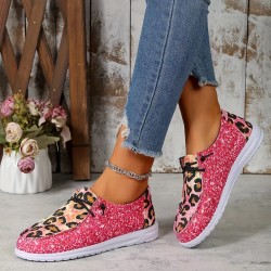 Women's Leopard Print Canvas Shoes, Casual Lace Up Outdoor Shoes, Lightweight Low Top Sneakers