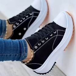 Women's Solid Color Casual Sneakers, Lace Up Platform Soft Sole Sporty Trainers, Breathable Low-top Skate Shoes
