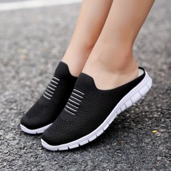 Women's Knit Flat Mules, Comfy Solid Color Closed Toe Non Slip Slides Shoes, Casual Outdoor Slippers